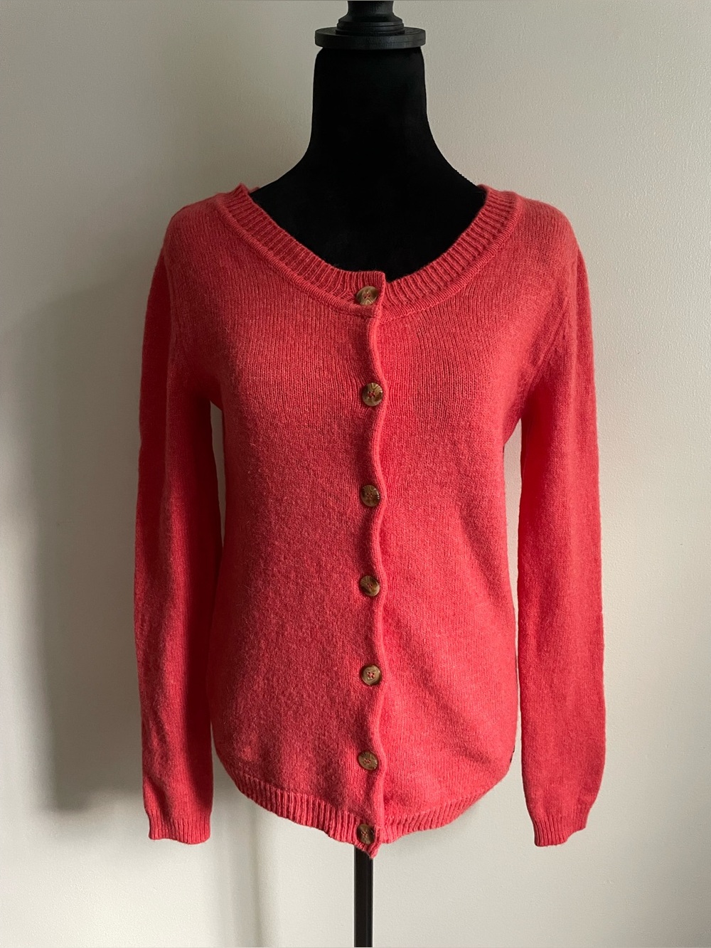 ONLY Cherry Knit Cardigan 80% Lambswool Coral Red Button Front M